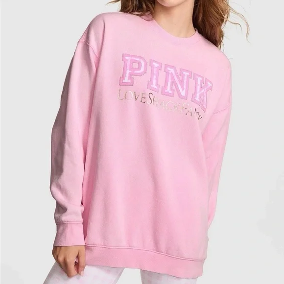 PINK x Loveshackfancy Oversized Crewneck Sweatshirt in Light Pink - Picture 1 of 4